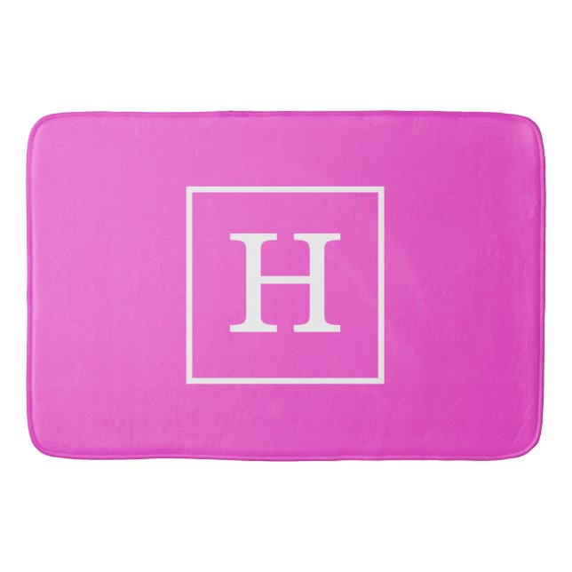 Hot Pink White Framed Initial Monogram Bath Mat (Front)