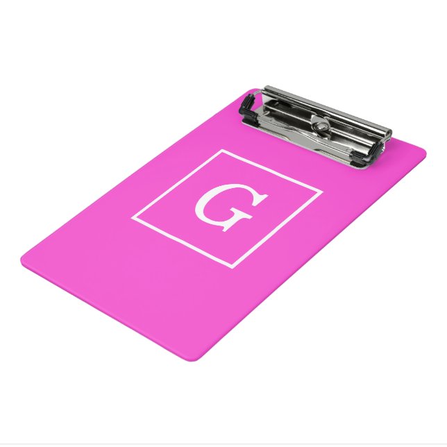 Hot Pink White Framed Initial Monogram Mini Clipboard (Angled3)