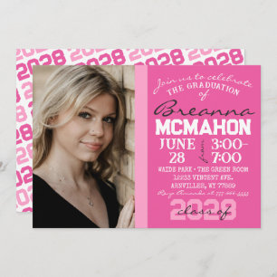 Hot Pink & White Graduation Photo Invitation