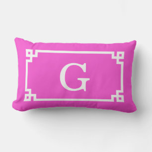 Hot Pink White Greek Key Frame #2 Initial Monogram Lumbar Cushion
