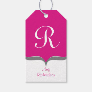 Hot Pink White Grey Monogram Name Gift Tags