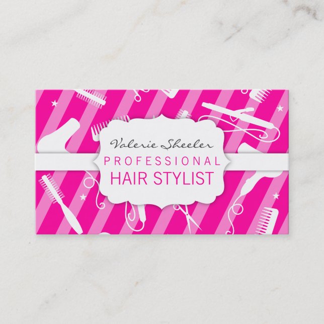 Hot Pink & White Hair Salon Tools Business Card (Front)