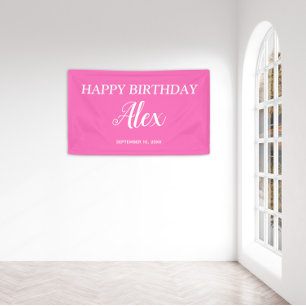 Hot Pink White Happy Birthday Name Date  Banner