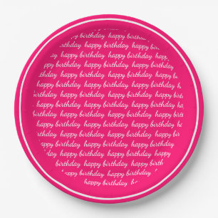 Hot Pink White Happy Birthday Script Typography Paper Plate