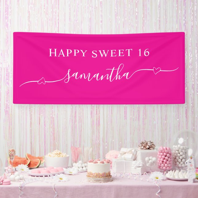 Hot Pink White Happy Sweet 16 Heart Swash Name Banner (Party)