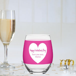 Hot pink white heart Valentine's Day Stemless Wine Glass