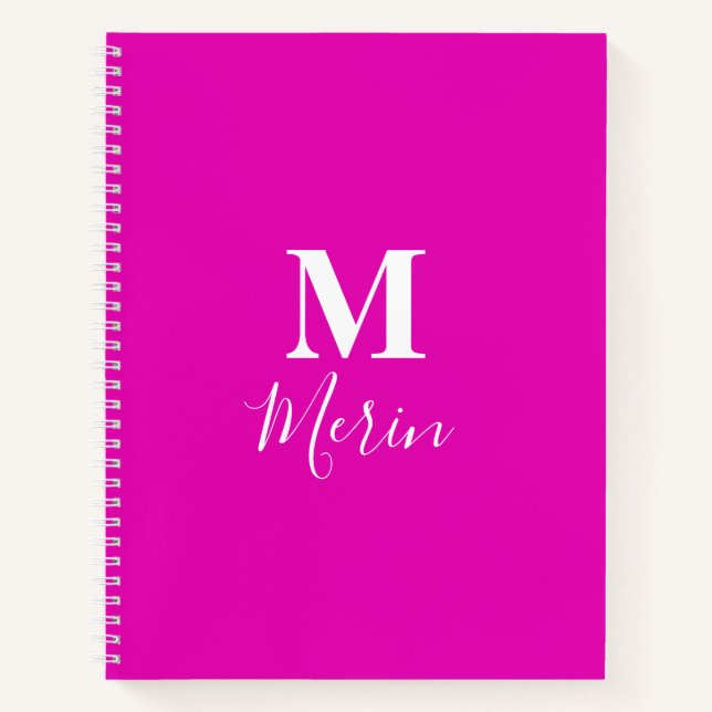 Hot Pink White Monogram Initial Custom Name Girly  Notebook (Front)