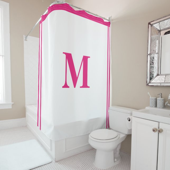Hot Pink White Monogram Initial Custom Name Stripe Shower Curtain (In Situ)
