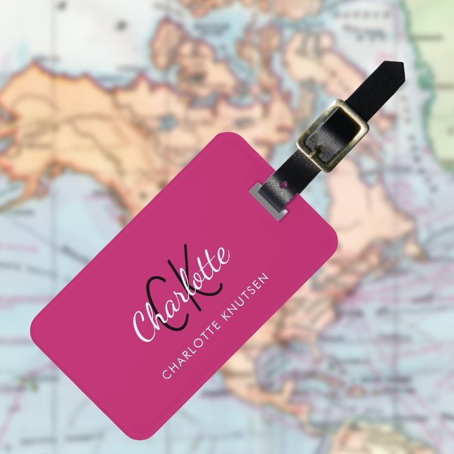 Hot pink white monogrammed luggage tag (Creator Uploaded)