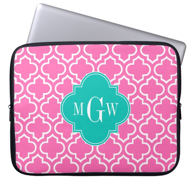 Hot Pink White Moroccan #6 Teal 3 Initial Monogram Laptop Sleeve (Front)