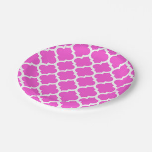 Hot Pink White Moroccan Quatrefoil Pattern #5 Paper Plate