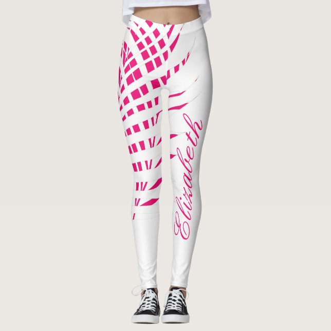 Hot Pink White Palm Tree Leaf Monogram Name Girly Leggings (Front)