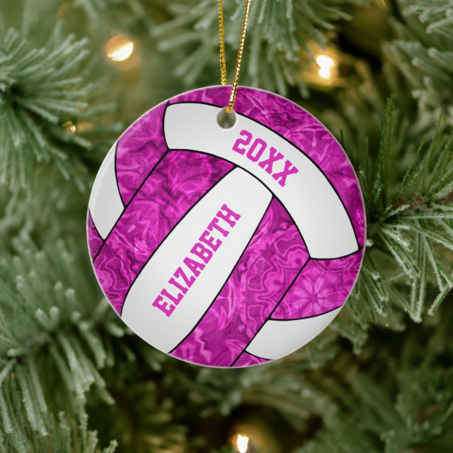 hot pink white personalised girls' volleyball ceramic ornament (Tree)