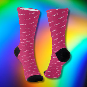 Hot Pink White Personalised Name Socks Custom Text