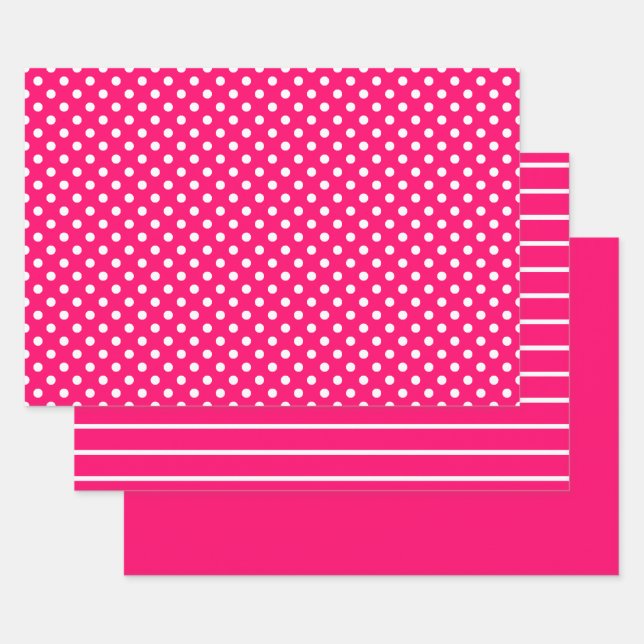 Hot Pink White Polka Dot Stripes Wrapping Paper Sheet (Set)