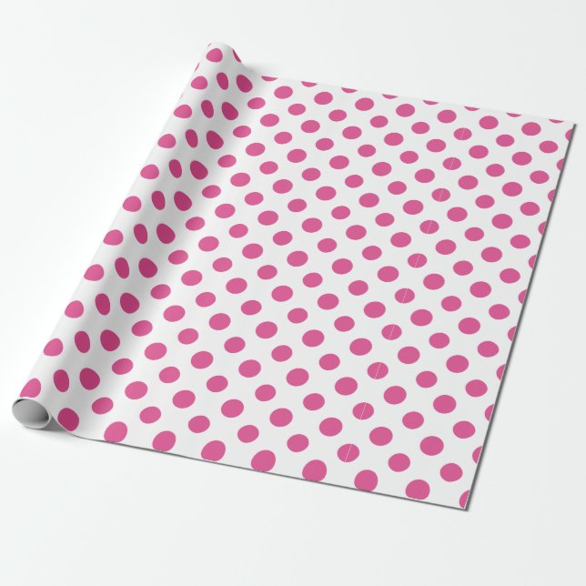 Hot Pink White Polka Dots Pattern Wrapping Paper (Unrolled)