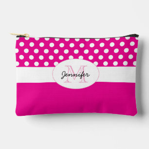 Hot pink White polka dots retro pattern Monogram Accessory Pouch