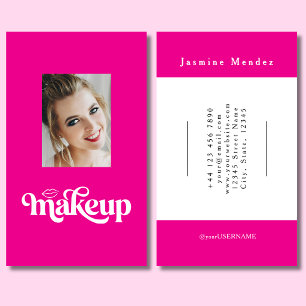 Hot Pink White Script Photo Makeup Artist Business Card