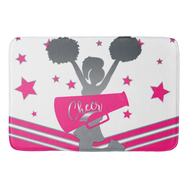 Hot Pink White Silver Stars Cheer Cheer-leading Bath Mat (Front)
