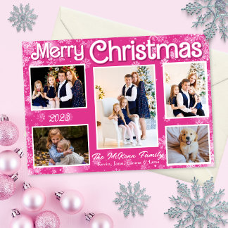 Hot Pink & White Snowflakes Christmas Holiday Card