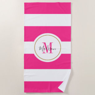 Hot Pink White Stripes Chic Monogram Personalised Beach Towel