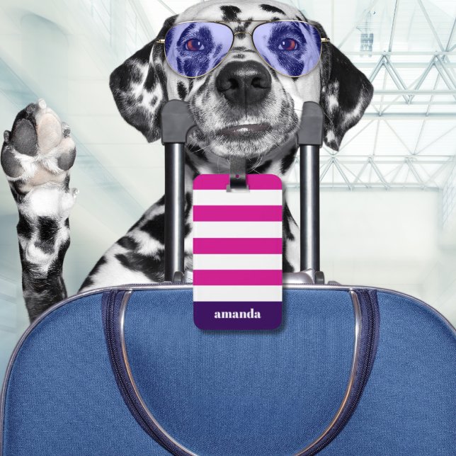 Hot Pink White Stripes Custom Name Luggage Tag (Creator Uploaded)