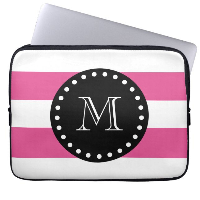 Hot Pink White Stripes Pattern, Black Monogram Laptop Sleeve (Front)