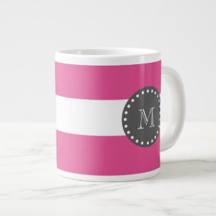 Hot Pink White Stripes Pattern, Charcoal Monogram Large Coffee Mug