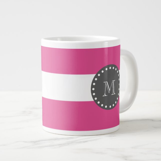 Hot Pink White Stripes Pattern, Charcoal Monogram Large Coffee Mug (Front Right)
