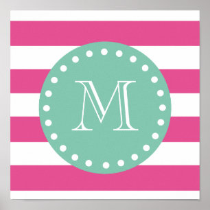 Hot Pink White Stripes Pattern, Mint Green Monogra Poster