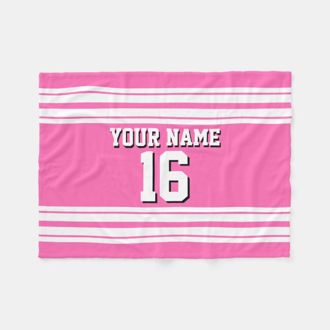 Hot Pink White Team Jersey Custom Number Name Fleece Blanket (Front (Horizontal))