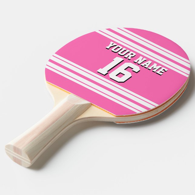 Hot Pink White Team Jersey Custom Number Name Ping Pong Paddle (Front Angle)