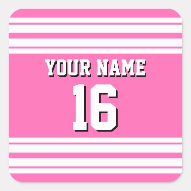Hot Pink White Team Jersey Custom Number Name Square Sticker (Front)