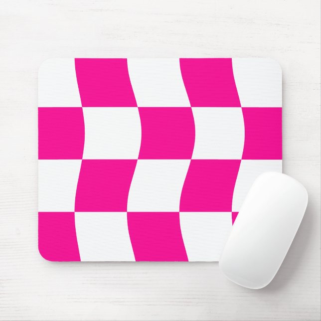 Hot Pink White Wavy Chequerboard Pattern  Mouse Pad (With Mouse)