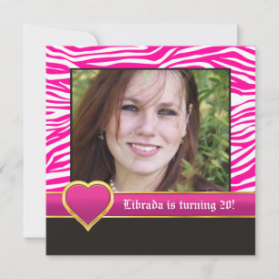 Hot pink, white zebra & heart 20th birthday photo invitation