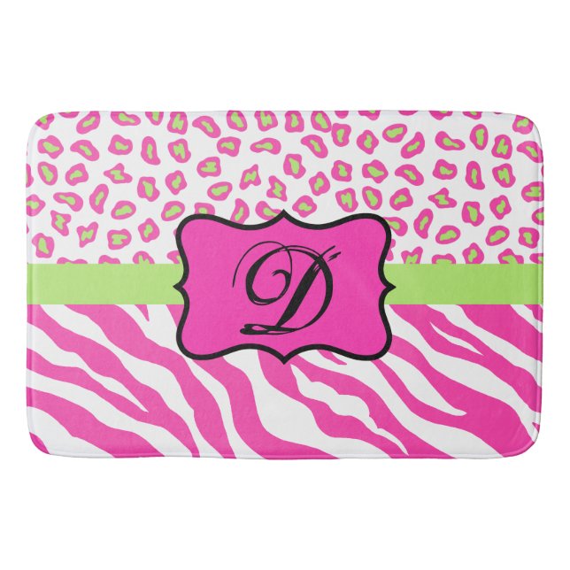 Hot Pink White Zebra Leopard Skin Monogram Bath Mat (Front)