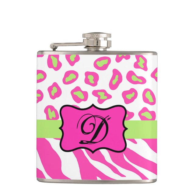Hot Pink White Zebra Leopard Skin Monogram Initial Hip Flask (Front)