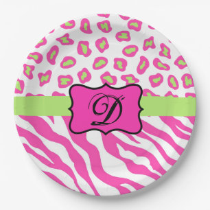 Hot Pink White zebra Leopard Skin Monogram Initial Paper Plate