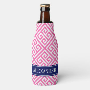 Hot Pink Wht Greek Key Diag T Navy Name Monogram Bottle Cooler