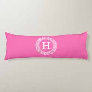 Hot Pink Wht Greek Key Rnd Frame Initial Monogram Body Cushion