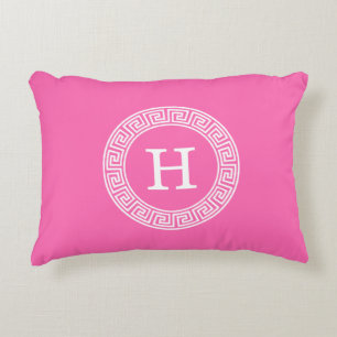 Hot Pink Wht Greek Key Rnd Frame Initial Monogram Decorative Cushion
