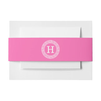 Hot Pink Wht Greek Key Rnd Frame Initial Monogram Invitation Belly Band