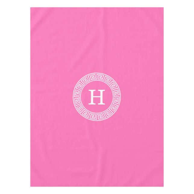 Hot Pink Wht Greek Key Rnd Frame Initial Monogram Tablecloth (Front)