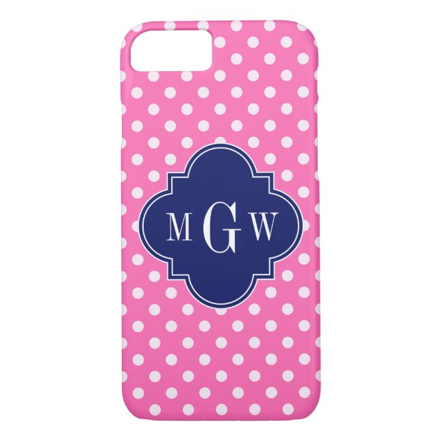 Hot Pink Wht Polka Dots Navy Quatrefoil 3 Monogram Case-Mate iPhone Case (Back)