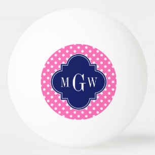 Hot Pink Wht Polka Dots Navy Quatrefoil 3 Monogram Ping Pong Ball