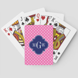 Hot Pink Wht Polka Dots Navy Quatrefoil 3 Monogram Playing Cards
