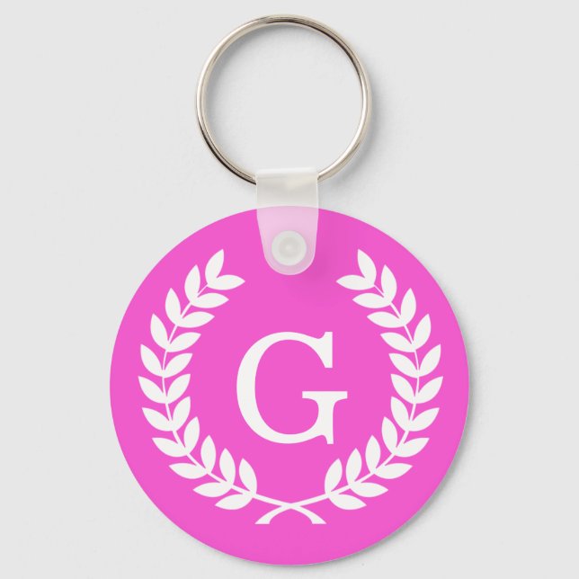 Hot Pink Wht Wheat Laurel Wreath Initial Monogram Key Ring (Front)