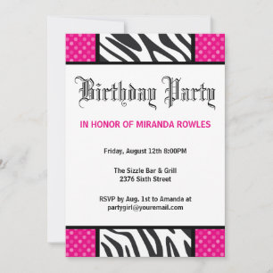 Hot Pink Wild Time Zebra Birthday Party Invitation