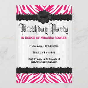Hot Pink Wild Zebra Birthday Party Invitations