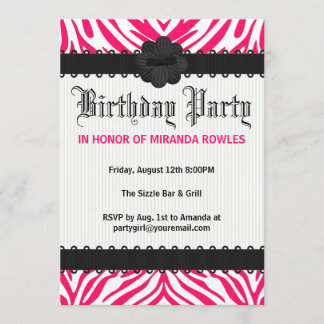 Hot Pink Wild Zebra Birthday Party Invitations
